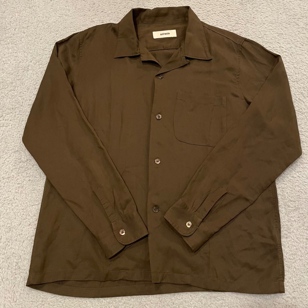 Buck Mason Draped Linen Camp Shirt Mens Medium Brown Button Up BM13206